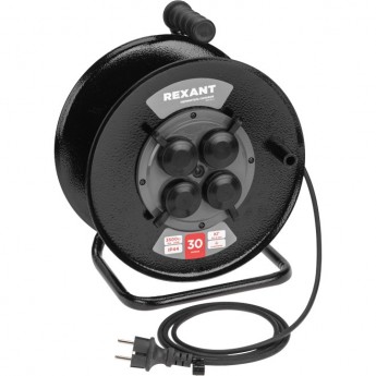 Удлинитель силовой REXANT КГ на катушке 4 гнезда, с/з, 30м, 3х1,5мм², IP44 с выключателем, c защитными крышками, металлическая катушка Удлинитель силовой REXANT КГ на катушке 4 гнезда, с/з, 30м, 3х1,5мм², IP44 с выключателем, c защитными крышками, металлическая катушка